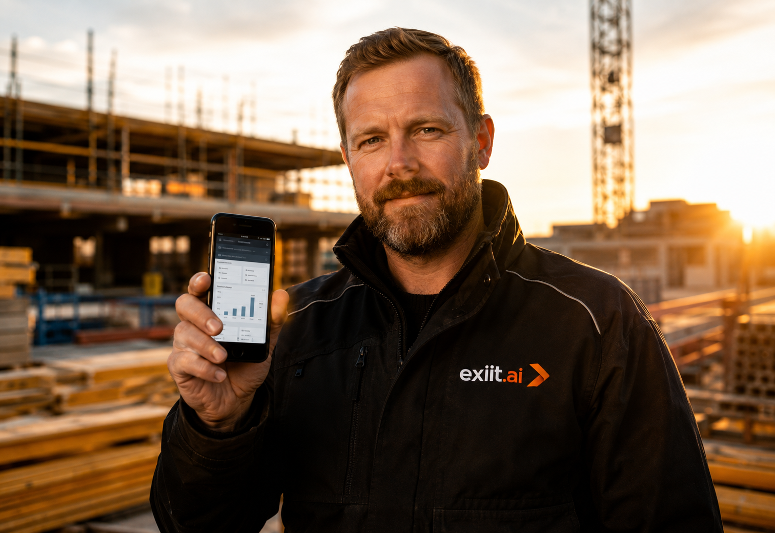 Svensk hantverkare med Exiit.ai-app på byggarbetsplats